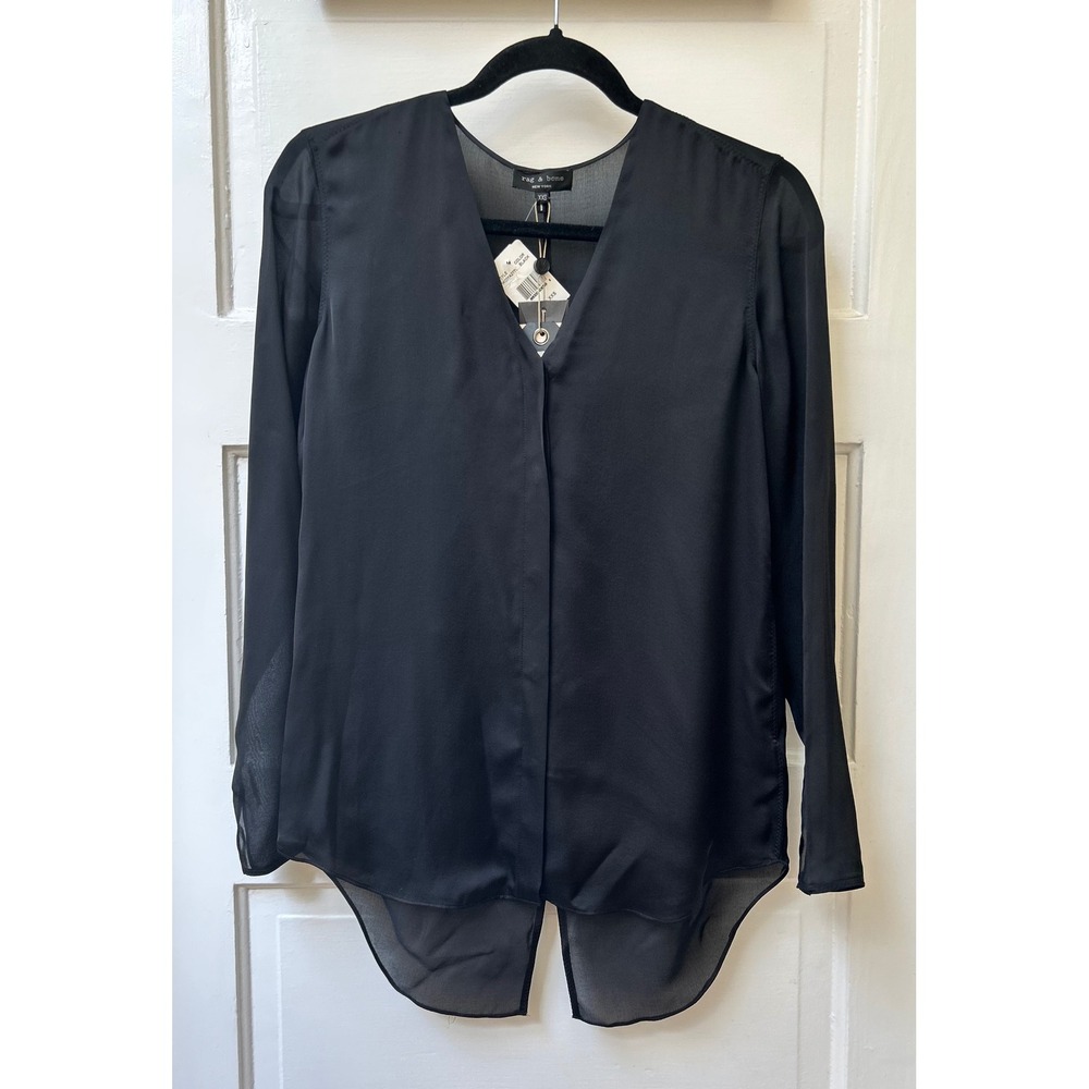 Rag & Bone Lora Black Silk Blouse V-Neck Long Sleeve XXS NEW